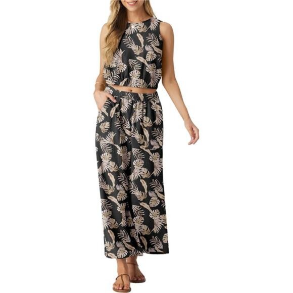 Two Piece Sets for Women Sleeveless Crop Top Wide Leg Pants Sweat - Picture 3 of 5